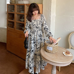 方领长袖 水墨画复古连衣裙 新品 中长款 胖mm韩版 大码 2023春季 女装