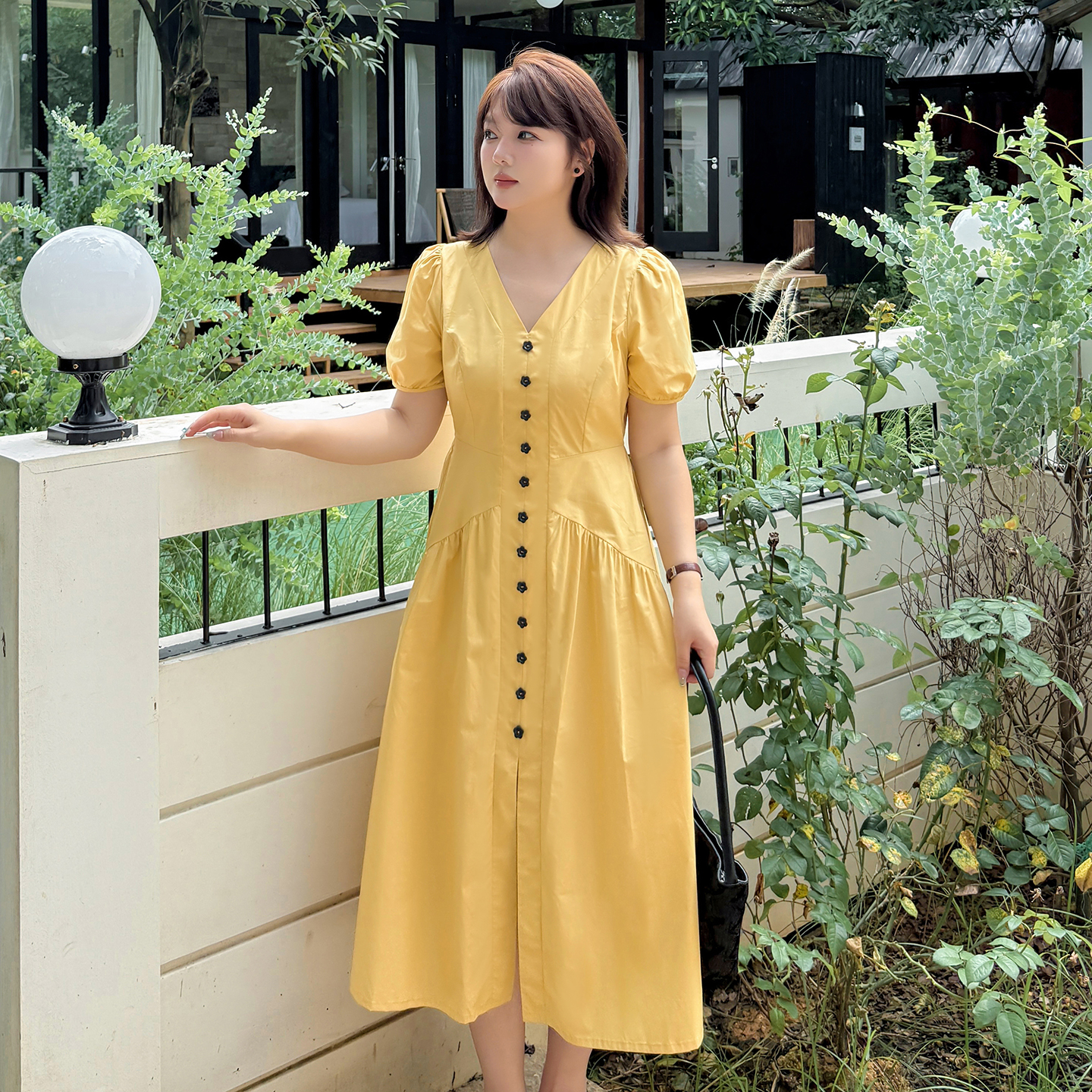 胖mm大码女装V领泡泡袖连衣裙