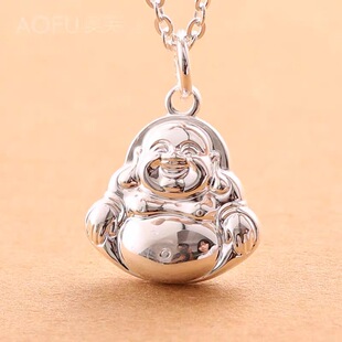 奥芙s999纯银项链吊坠女精致小佛公弥勒佛大肚佛笑脸佛牌实心足银