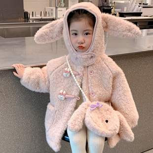 女童冬款兔耳朵羊羔毛大衣儿童加厚洋气加绒毛毛衣2025可爱外套