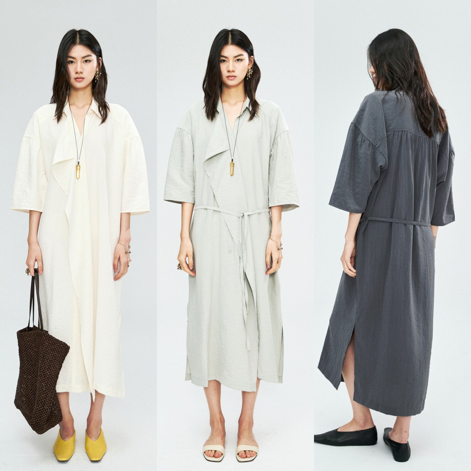 MRS Studios DRY SILK干丝系列简约不对称衬衫领系带短袖连衣裙