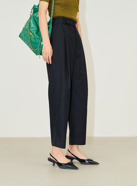 MRS Studios 三醋酸羊毛高腰显瘦立体打褶九分休闲西裤西装裤黑色