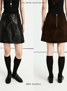 MRS Studios 进口反绒羊皮/蜡感羊皮 微A字真皮短裙半裙