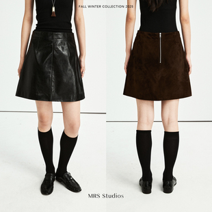 MRS Studios 进口反绒羊皮/蜡感羊皮 微A字真皮短裙半裙