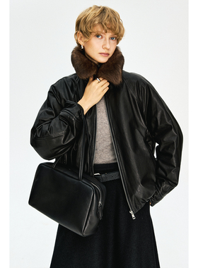 MRS Studios 时髦老钱风可脱卸毛领托斯卡纳羊皮鹅绒羽绒皮衣外套