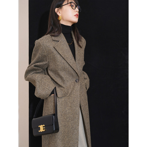 moon复古格纹人字纹长款西装大衣