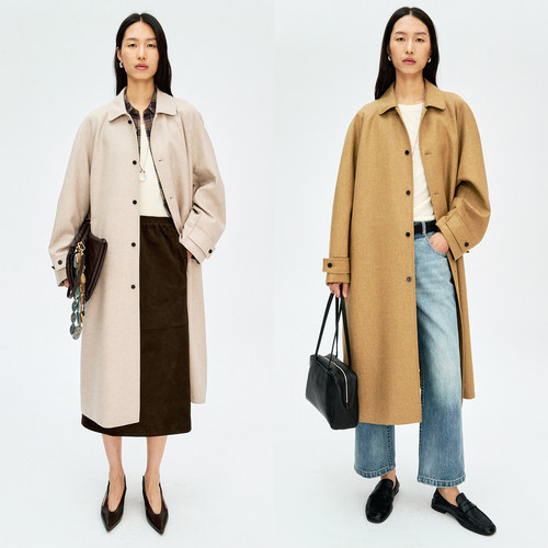 单排扣长款羊毛廓形风衣大衣