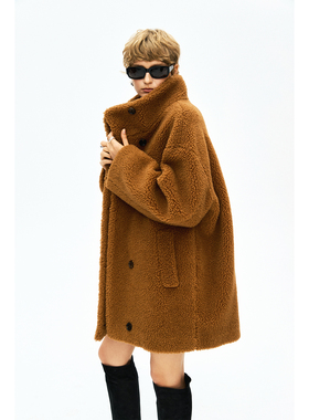 MRS Studios 定织骆驼绒羊毛剪绒柔软保暖立领中长款泰迪大衣外套