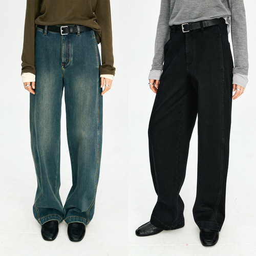 复古抓绒茧型镰刀牛仔裤