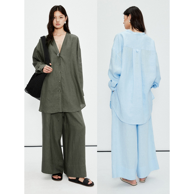 V领宽松廓形衬衫/松紧腰阔腿裤