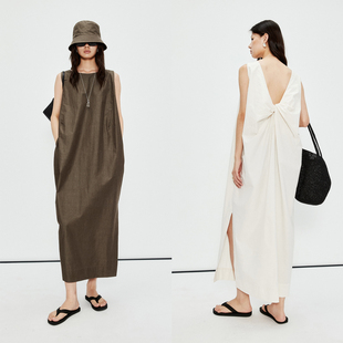 MRS Studios 柞蚕丝匹马棉一字领背后打扭微露背背心侧开叉连衣裙