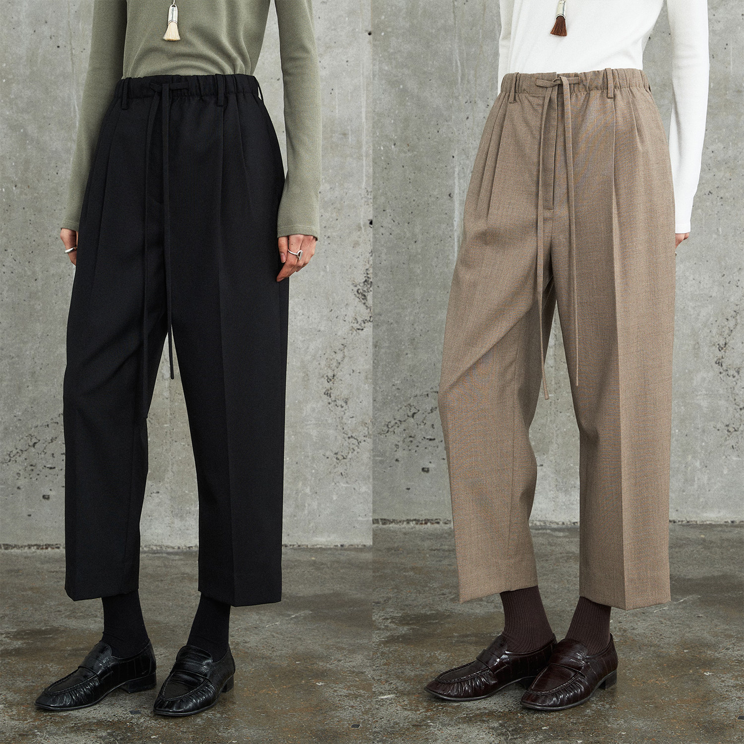 MRS Studios 意大利進口marzotto羊毛松紧腰抽绳立裁九分休闲西裤