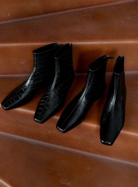 MRS Studios 秋冬搭配 鳄鱼纹牛皮设计感方头短靴切尔西靴黑色