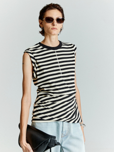 T恤短袖 MRS 黑白条纹纯色时髦造型打扭显瘦卷边袖 经典 Studios