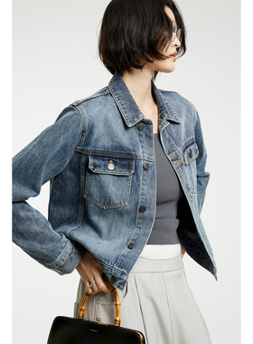 MRS Studios 土耳其Bossa 复古做旧时髦灰蓝箱式小短款牛仔衣外套