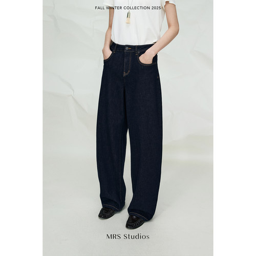 宽松及地阔腿休闲慵懒弯刀牛仔裤