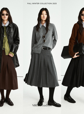 MRS Studios 复古经典横向竹节混色纹理羊毛亚麻混纺立体百褶半裙