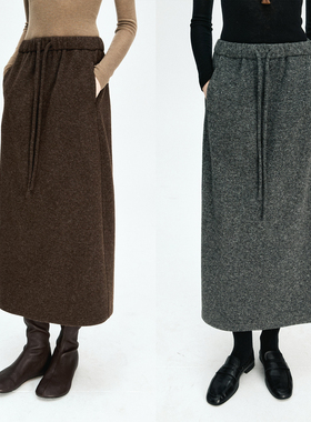 MRS Studios 羊毛针织复合加厚 松紧腰抽绳花苞半裙秋冬长裙