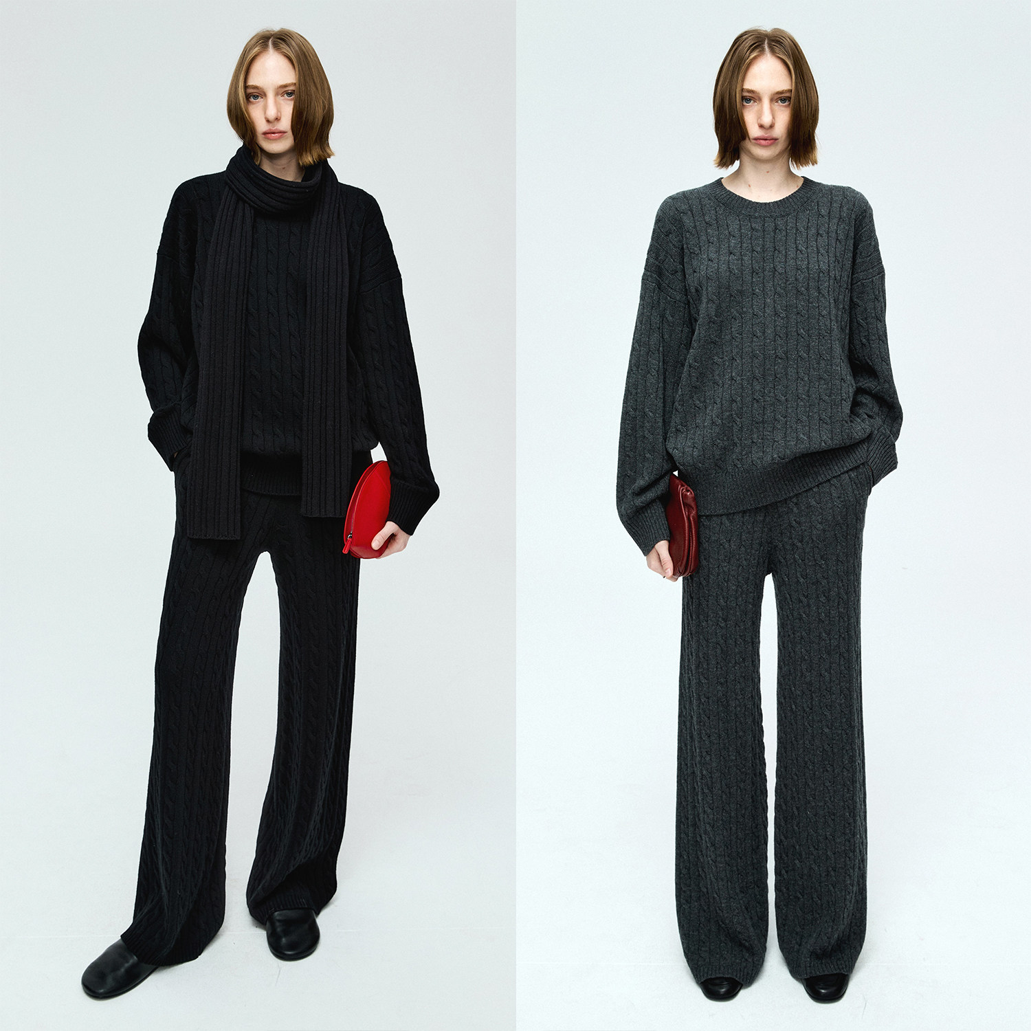 MRS Studios 羊绒羊毛绞花阔版圆领上衣/直筒裤/抽条厚围巾