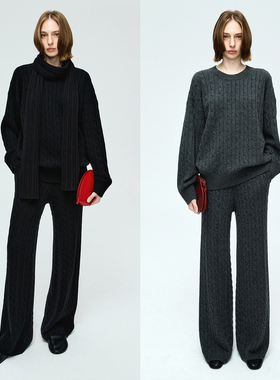 MRS Studios 羊绒羊毛绞花阔版圆领上衣/直筒裤/抽条厚围巾
