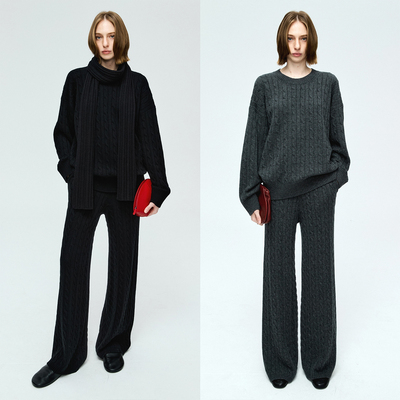 MRS Studios 羊绒羊毛绞花阔版圆领上衣/直筒裤/抽条厚围巾