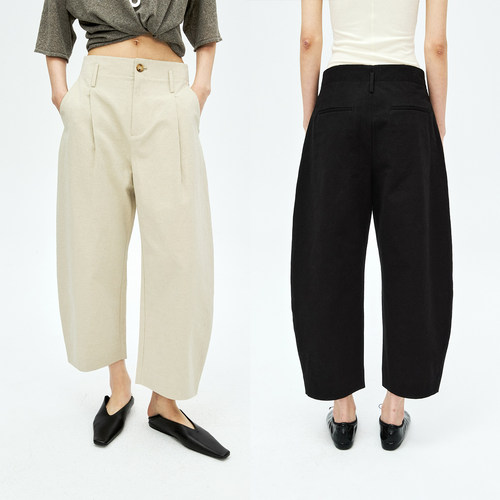 MRS Studios 复古亚麻舒适立裁显瘦弧形香蕉九分弯镰刀休闲直筒裤