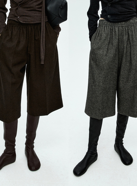 MRS Studios 时髦百搭复古慵懒随性 松紧腰百慕大羊毛休闲七分裤
