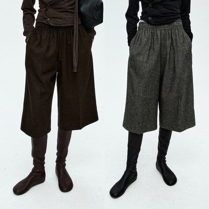 MRS Studios 时髦百搭复古慵懒随性 松紧腰百慕大羊毛休闲七分裤