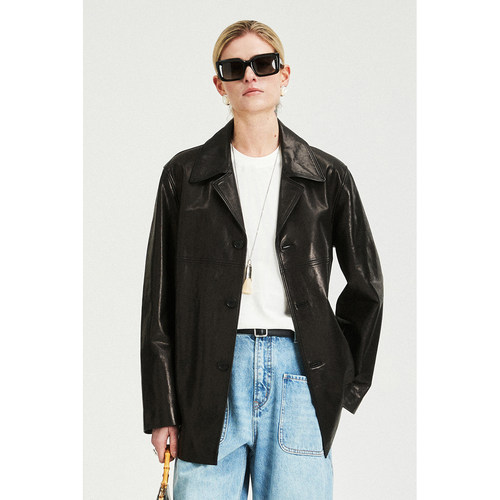 MRS Studios 西班牙進口时髦复古油蜡小羊皮古巴领单排扣皮衣外套