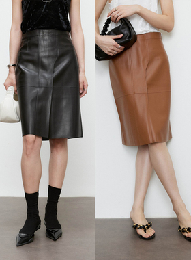 MRS Studios 100%进口小羊皮 柔软舒适气质时髦半身皮裙半裙黑色