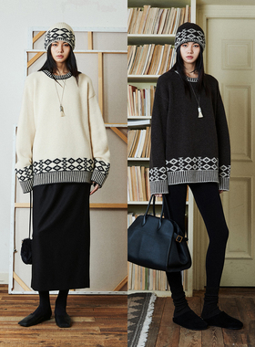 MRS Studios 费尔岛毛衣系列重磅加厚全羊毛宽松提花针织毛衣帽子