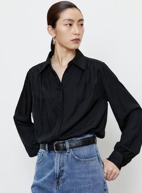 MRS Studios搭配B入 自然抽褶垂坠 日本三醋酸翻领衬衫黑色 现