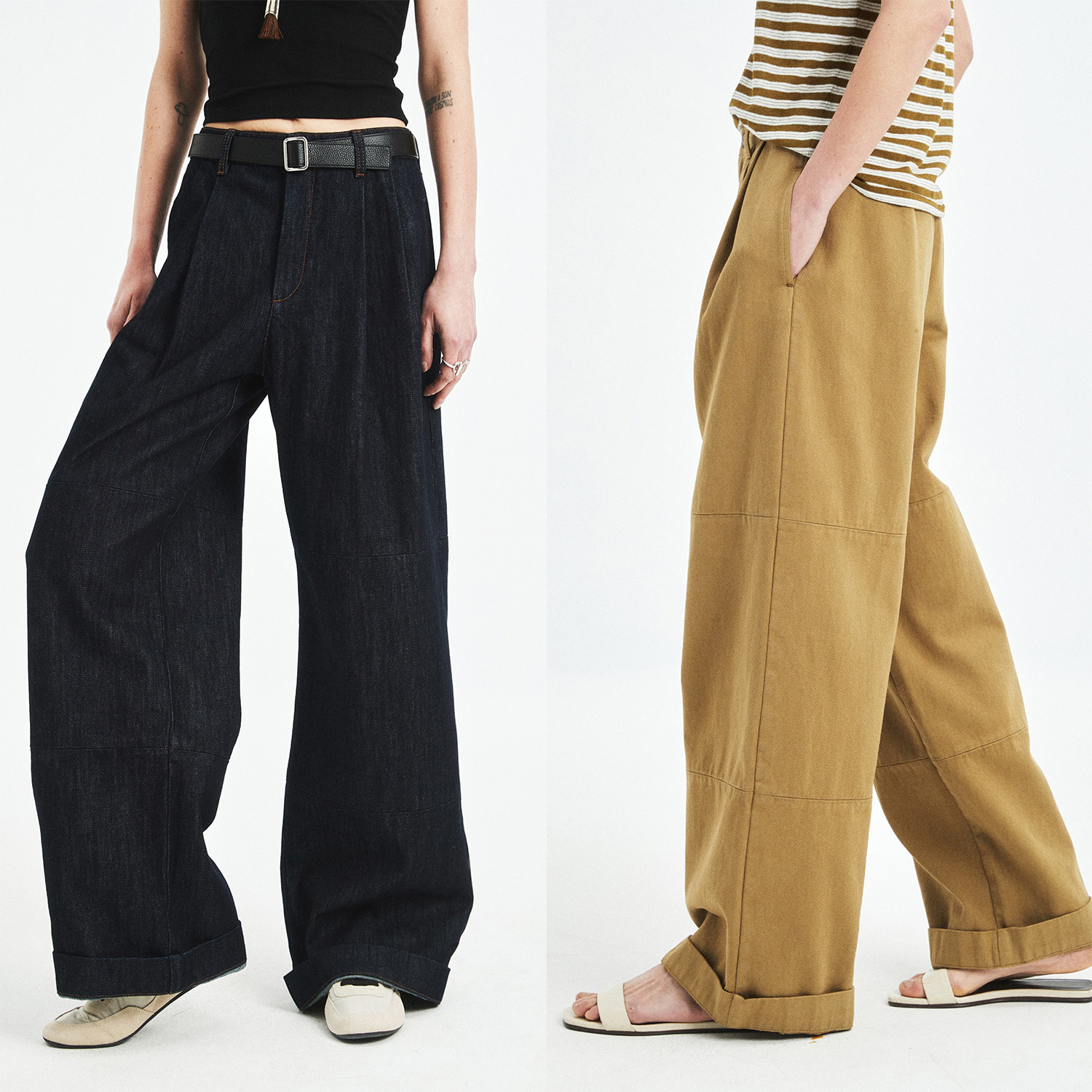 MRS Studios 土耳其原色水洗折边阔腿及地休闲裤 卡其工装牛仔裤