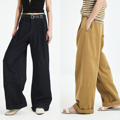 MRS Studios 土耳其原色水洗折边阔腿及地休闲裤 卡其工装牛仔裤