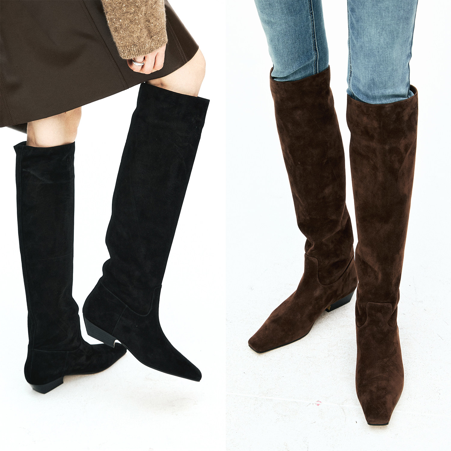 MRS Studios 时髦宽筒 鸭嘴鞋型 进口羊反绒高筒靴