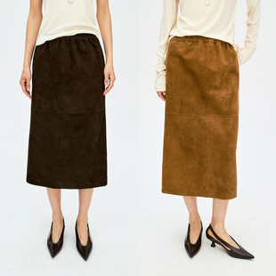 MRS Studios 进口反绒羊皮真皮 极简分割后开叉松紧腰中长半身裙