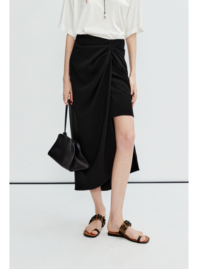 MRS Studios 日本重磅三醋酸侧边打褶开叉半裙半身裙 黑色