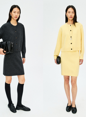 MRS Studios 简约利落 澳洲美利奴全羊毛短款针织开衫+半裙套装