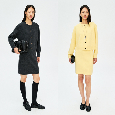 MRS Studios 简约利落 澳洲美利奴全羊毛短款针织开衫+半裙套装