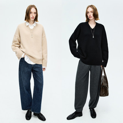 MRS Studios 经典羊绒羊毛 高克重粗针 松弛复古V领廓形大毛衣