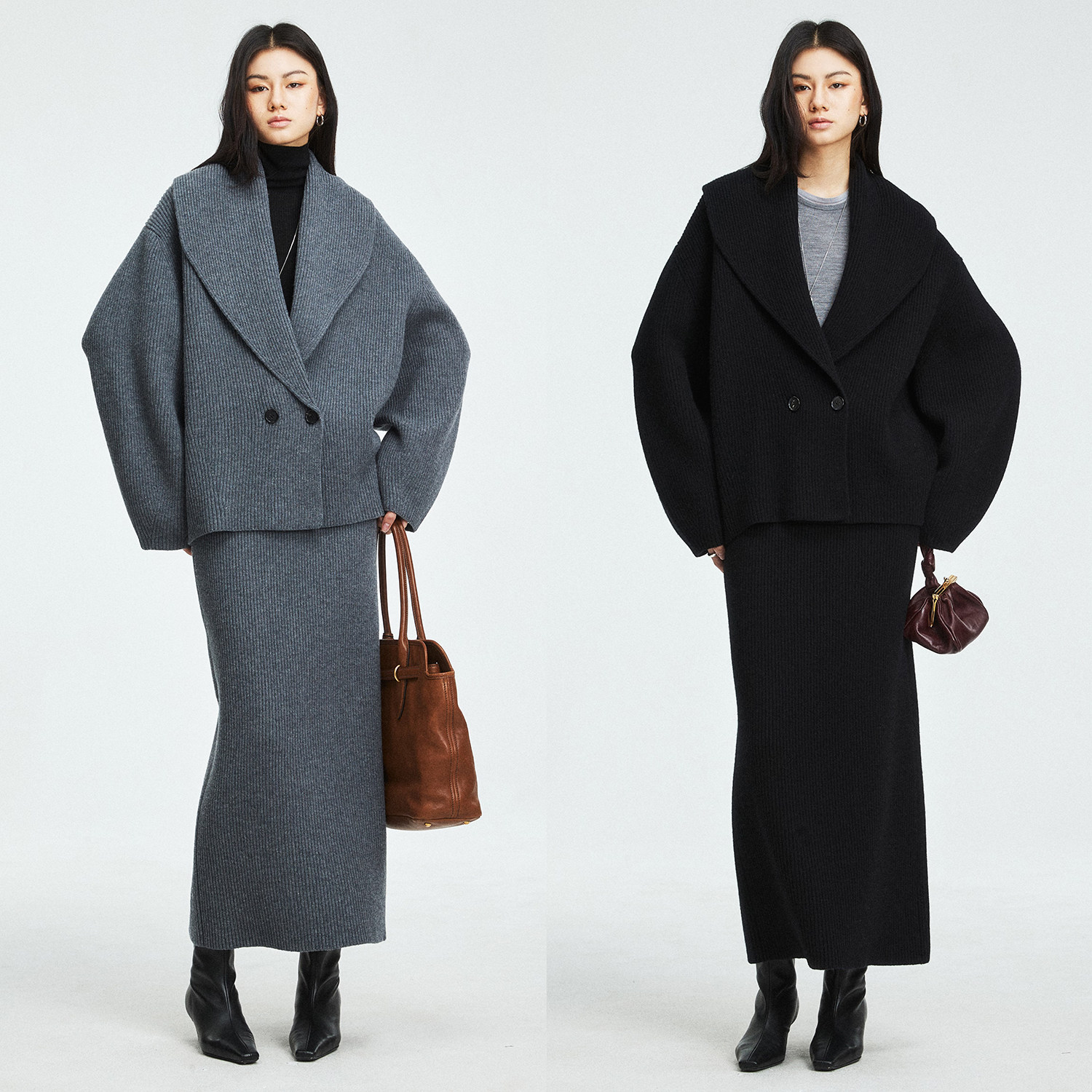 MRS Studios 美利奴羊毛双元宝针加厚百搭宽松大开衫/H型针织半裙