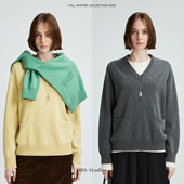 康赛妮羊绒羊毛经典 MRS Studios 马鞍肩V领双口袋慵懒针织毛衣