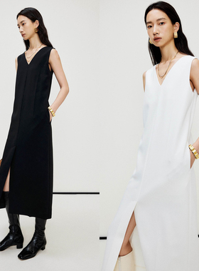 MRS Studios 醋酸前后v领下摆开叉 气质时髦直筒西装连衣裙黑色