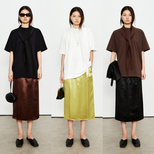 MRS Studios T恤设计款16姆米真丝双绉三角巾拼接棉质短袖T恤上衣