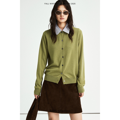 MRS Studios 经典时髦 康赛妮羊绒羊毛可拆卸条纹衬衫领 针织开衫