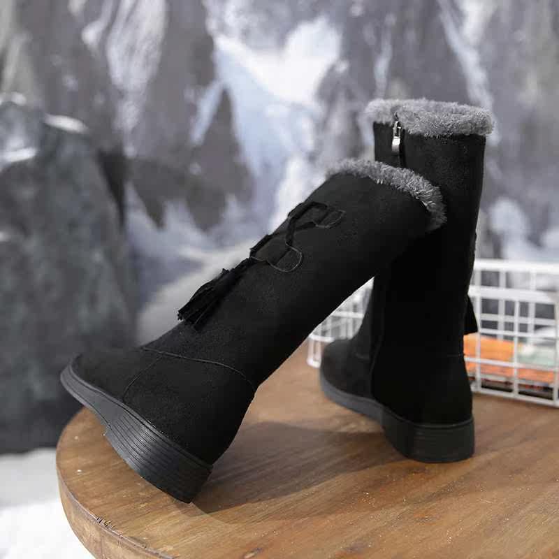 韩版时装靴女2021年秋冬季新款时尚百搭圆头粗跟侧拉链中筒靴