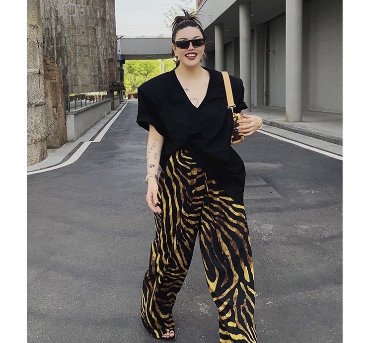 2023新款小个子设计感小众休闲运动薄款宽松斑马纹阔腿裤子女夏季