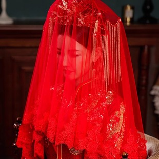 红盖头新娘结婚复古高档中式秀禾婚纱头纱高级感红色蕾丝婚礼头纱