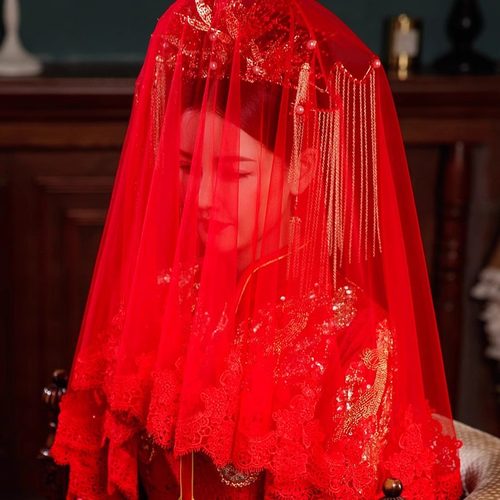 红盖头新娘结婚复古高档中式秀禾婚纱头纱高级感红色蕾丝婚礼头纱
