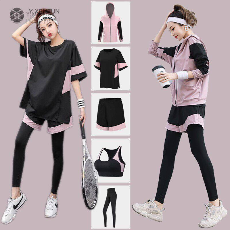 健身运动套装女宽松大码胖mm200斤瑜伽服五件套跑步速干羽毛球服